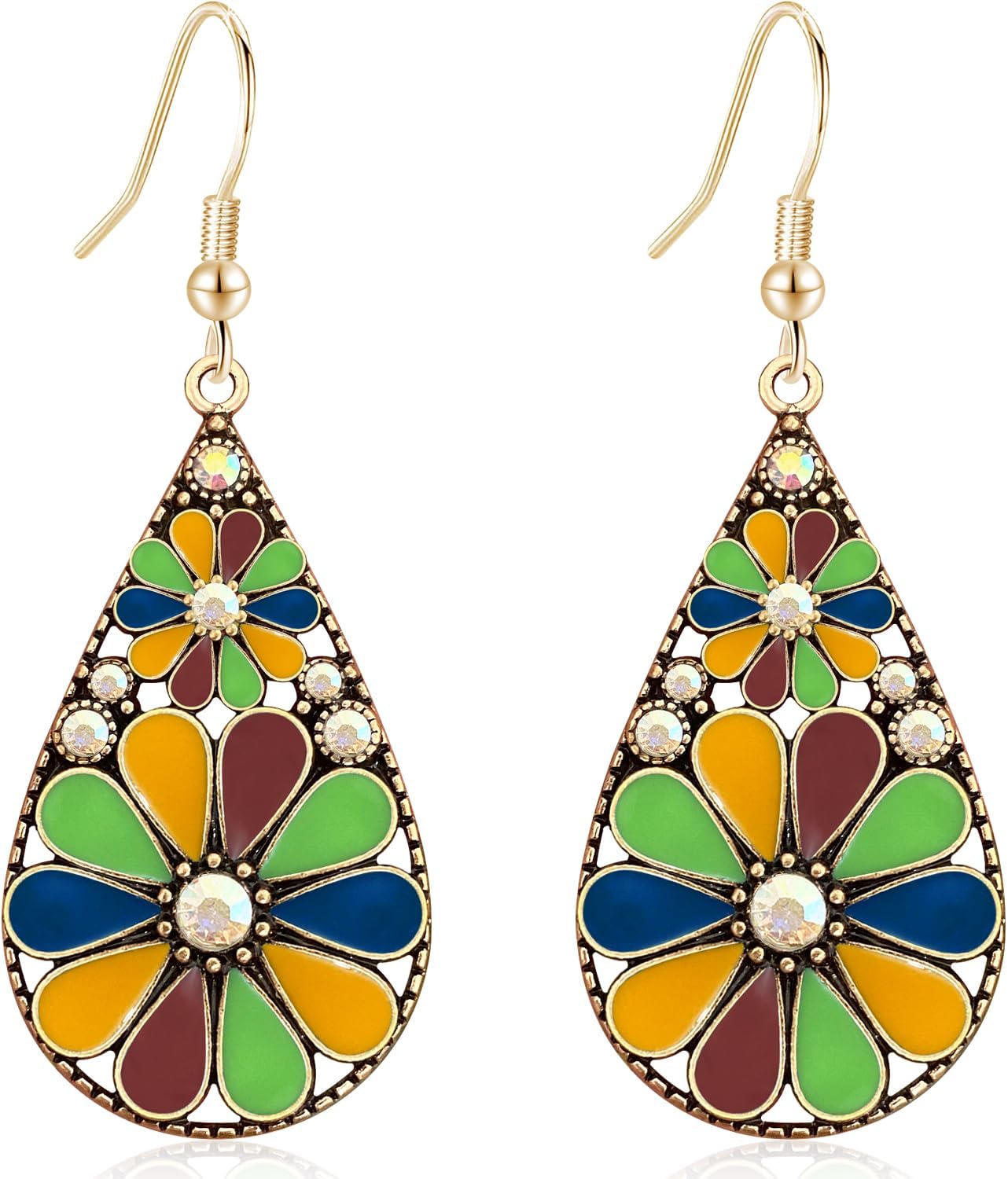 Copper Crystal Teardrop Enamel Flower Earrings