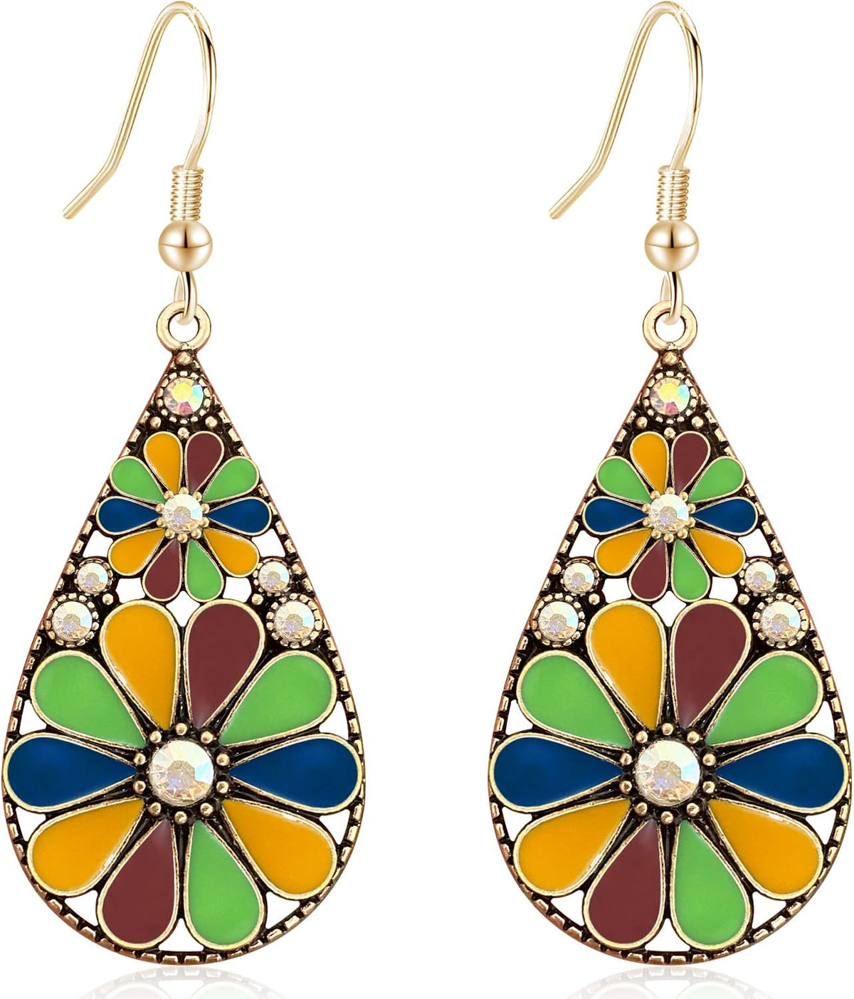 Copper Crystal Teardrop Enamel Flower Earrings