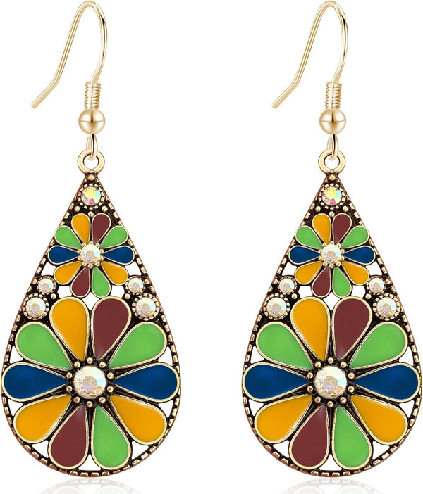 Copper Crystal Teardrop Enamel Flower Earrings