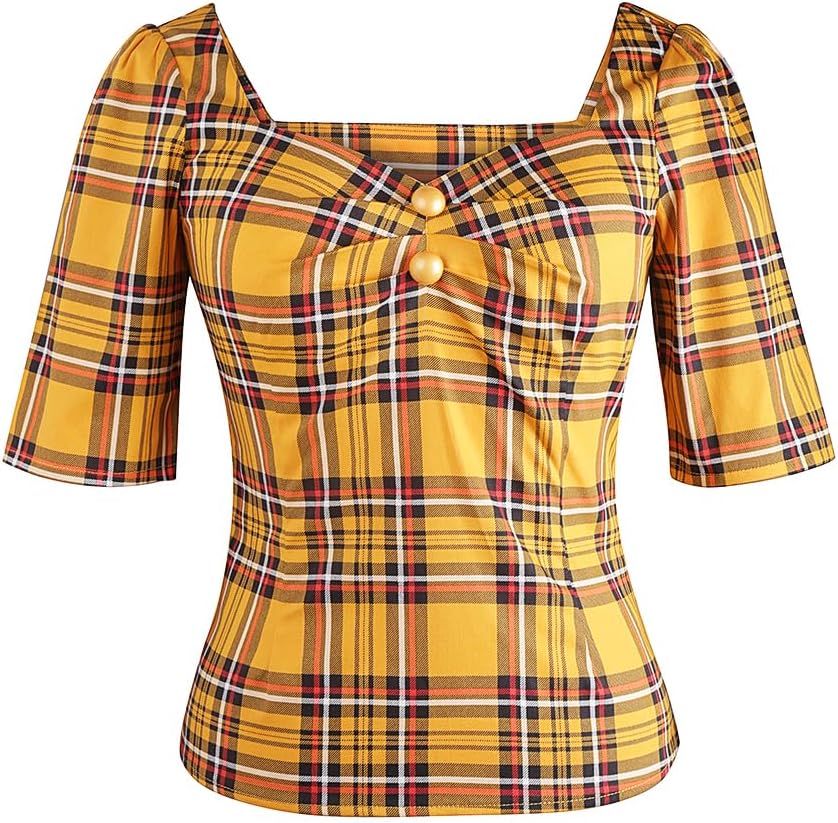 YARN & INK Women's 1950s Pinup Tops, Rockabilly Vintage Blouse Medium Sleeves Sweetheart V-Neck Shirt Main image