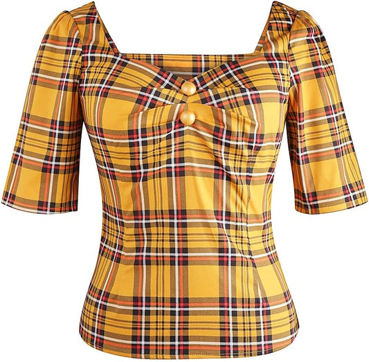 YARN & INK Women's 1950s Pinup Tops, Rockabilly Vintage Blouse Medium Sleeves Sweetheart V-Neck Shirt