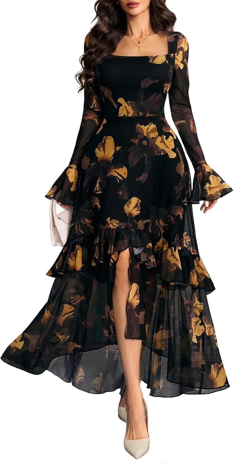 GothDark Women's Floral Mesh Square Neck Fall Wedding Guest Maxi Dress