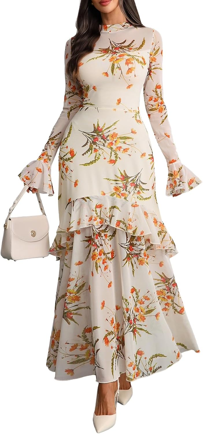 GothDark Women Floral Maxi Dress Bell Sleeve Party Wedding Guest Dresses