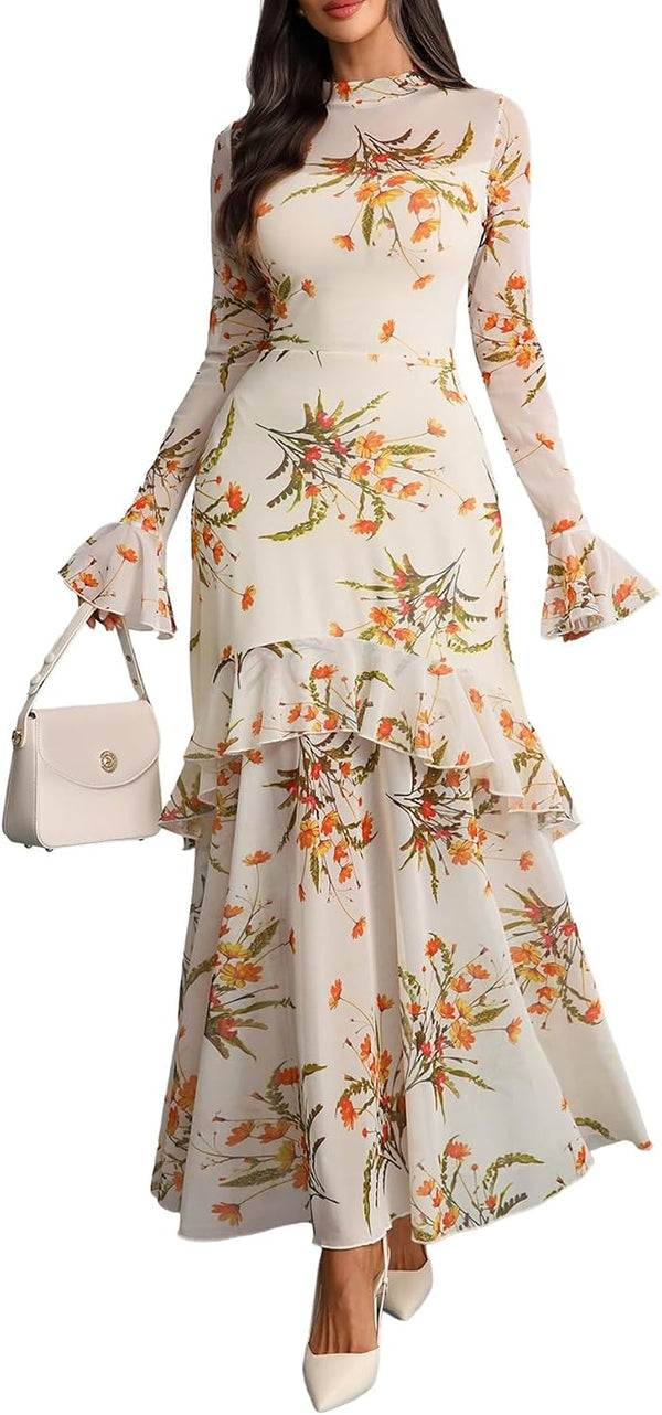GothDark Women Floral Maxi Dress Bell Sleeve Party Wedding Guest Dresses