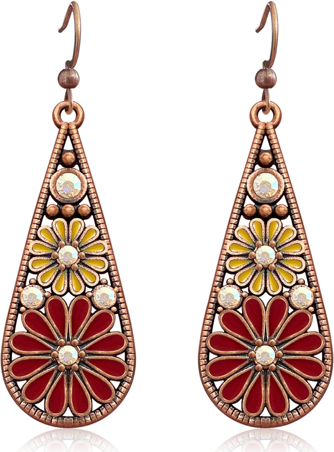 Copper Crystal Teardrop Enamel Flower Earrings