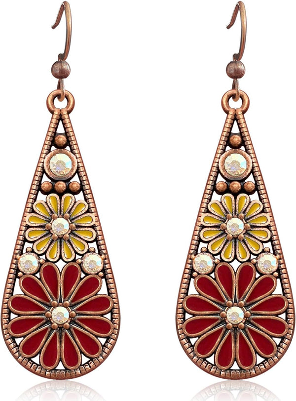Copper Crystal Teardrop Enamel Flower Earrings
