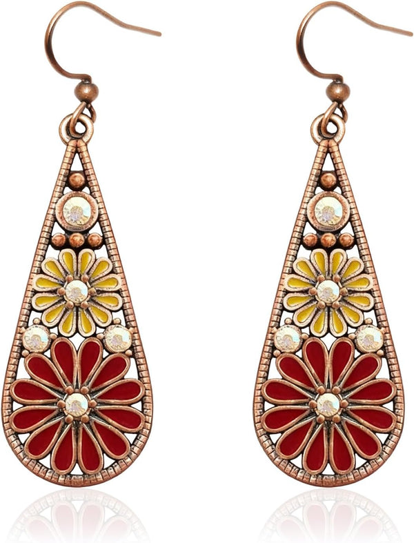 Olive Green Crystal Teardrop Floral Boho Earrings