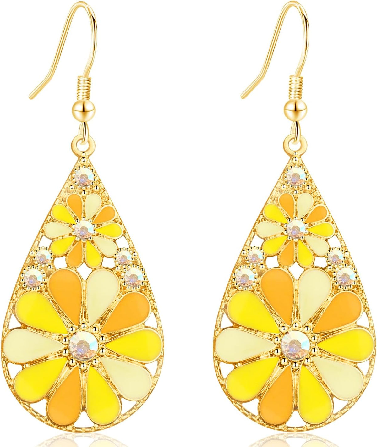 Copper Crystal Teardrop Enamel Flower Earrings