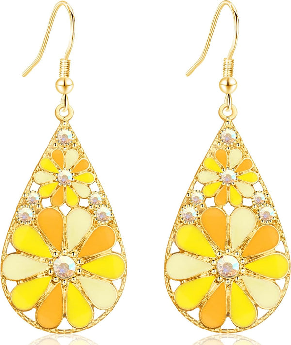 Copper Crystal Teardrop Enamel Flower Earrings
