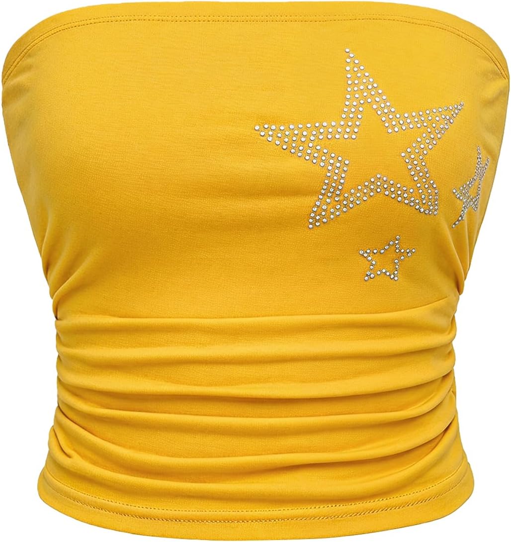 WDIRARA Women's Star Rhinestone Strapless Crop Tube Bandeau Top