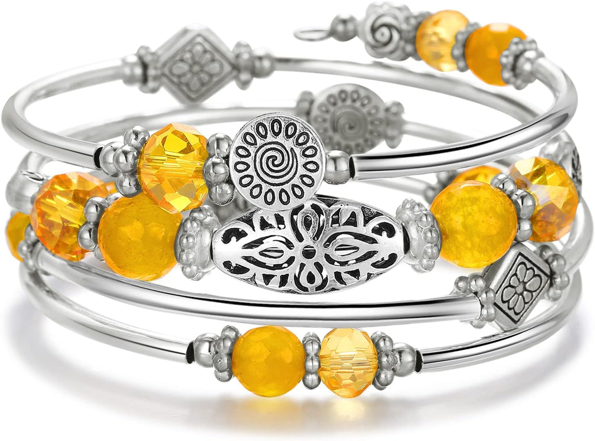 Stackable Beaded Bracelets for Women Boho Wrap Silver Bracelet Layered Fashion Jewelry Gifts for Her