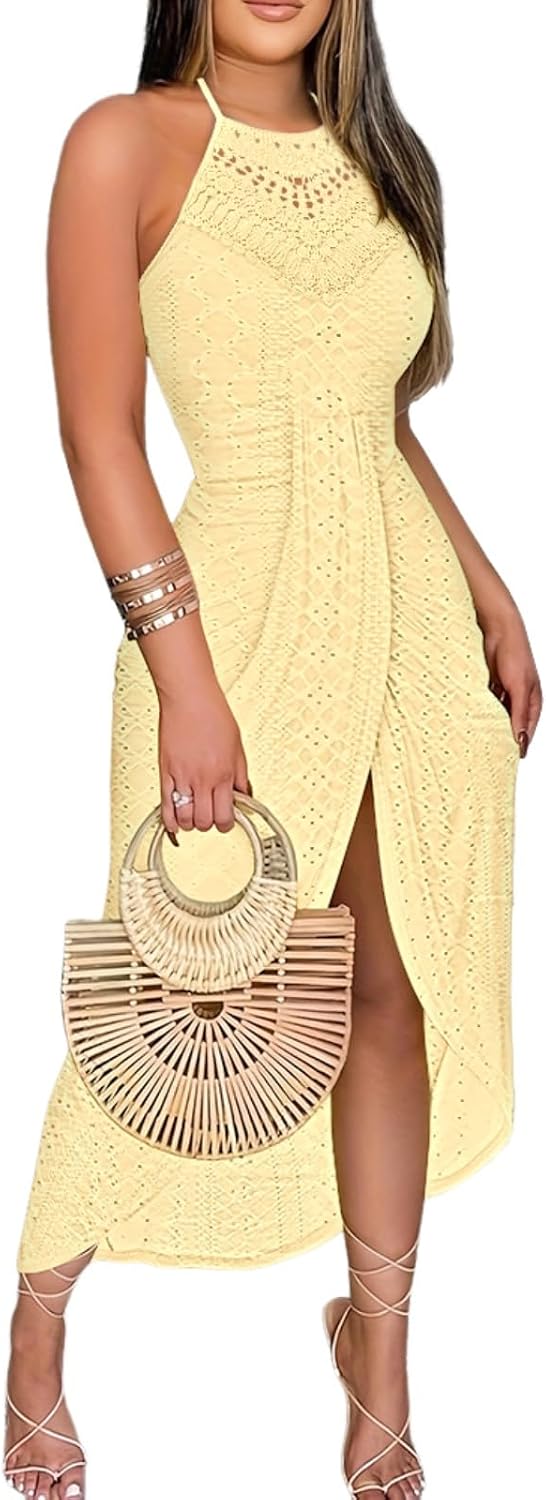 CHICME Womens Summer Halter Dress Hollow Out A Line Vacation Dress