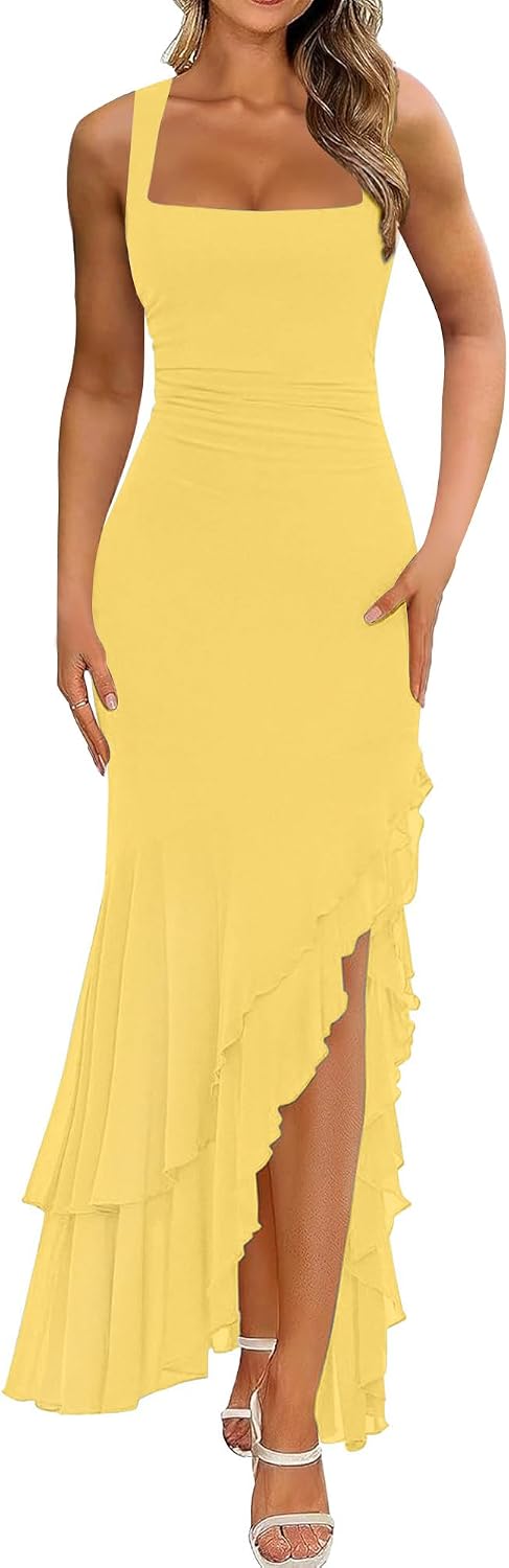 BORIFLORS Women's Elegant Bodycon Ruched Maxi Cocktail Dress
