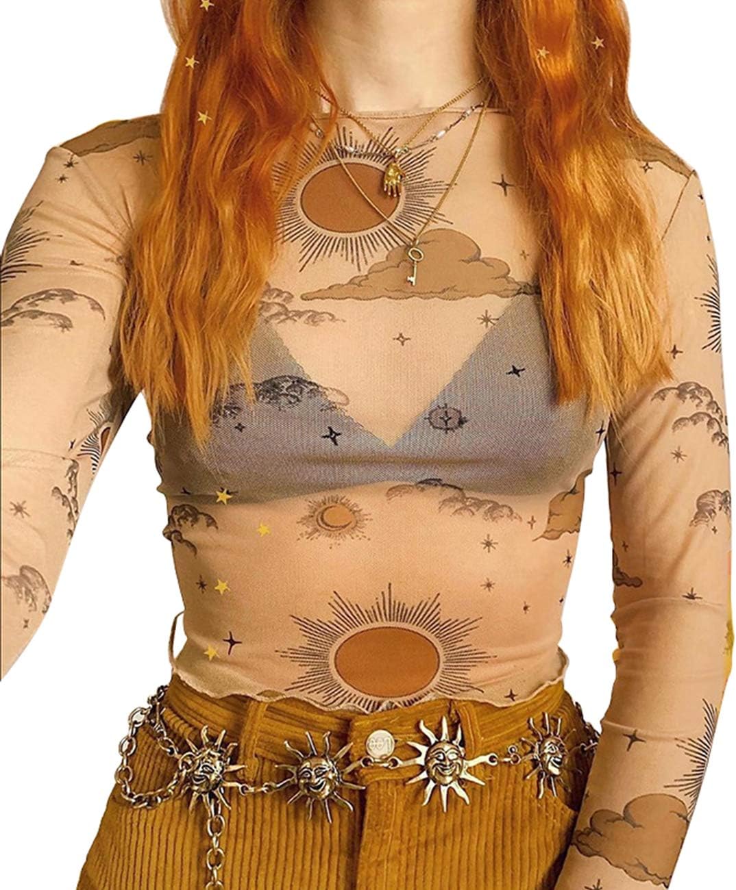 MIZOK Women's Long Sleeve See Through Shirts Angel Print Sexy Sheer Mesh Crop Tops