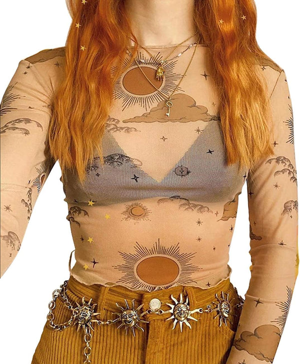 MIZOK Women's Long Sleeve See Through Shirts Angel Print Sexy Sheer Mesh Crop Tops