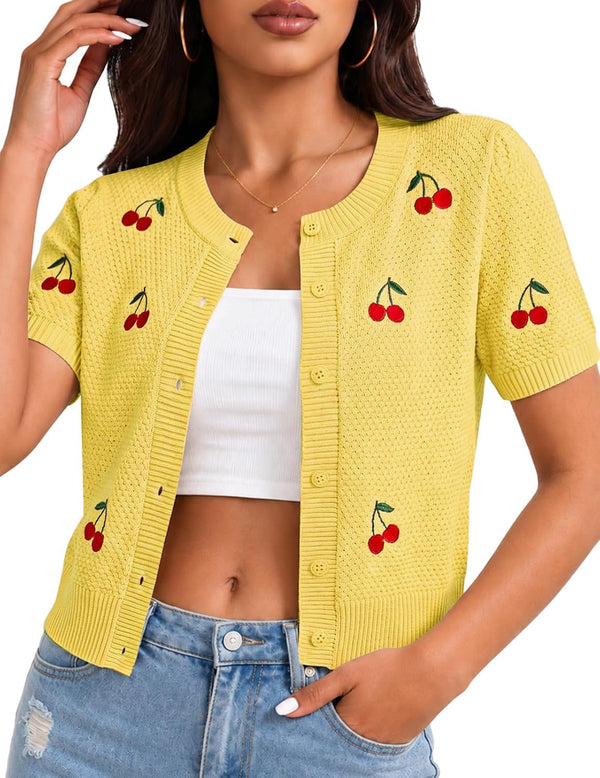 Cherry Short Sleeve Cardigan for Women Cropped Lightweight Cardigan Sweater
