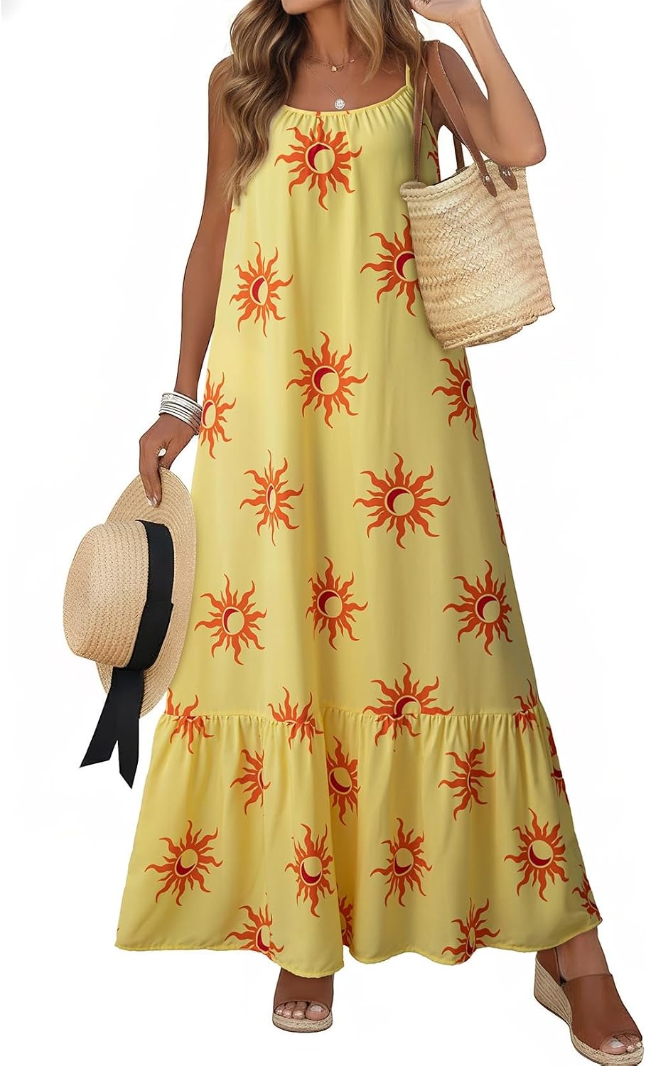 Dokotoo Women Summer Dresses Scoop Neck Ruffle Flowy Boho Maxi Dress