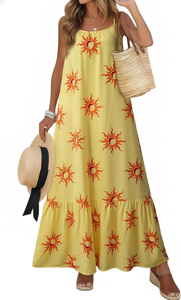 Dokotoo Women Summer Dresses Scoop Neck Ruffle Flowy Boho Maxi Dress
