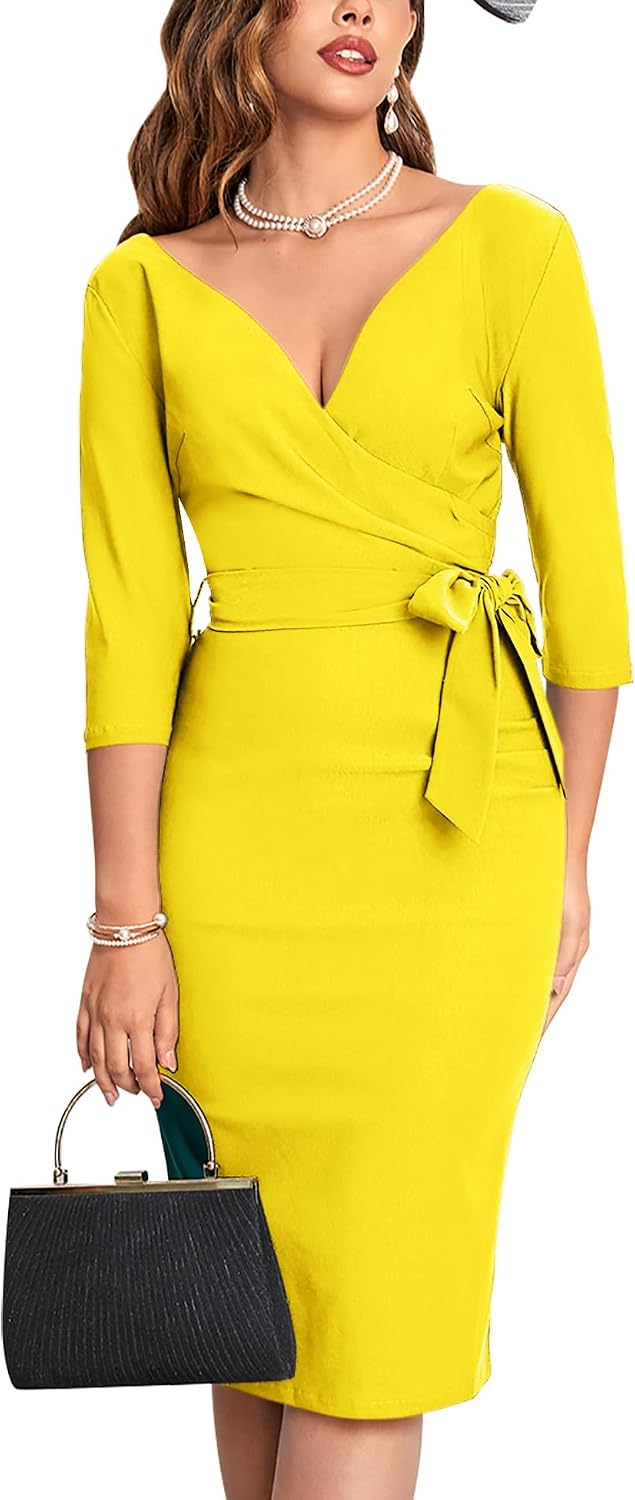 MUXXN Women's Vintage Faux Wrap V Neck 3/4 Sleeve Formal Classic Party Work Dress with Belt