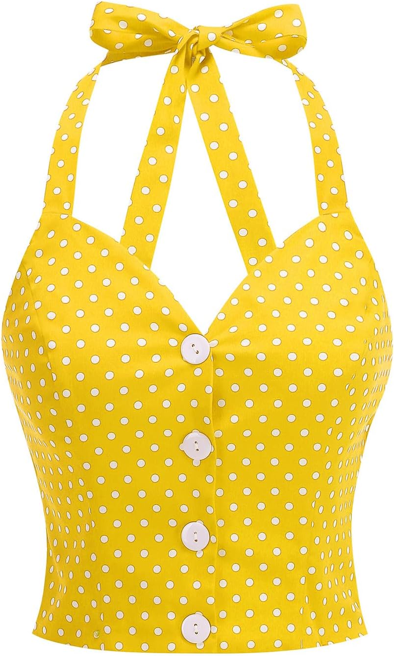 Vintage Tops for Women 1950s Polka Dot 50s Pin up Rockabilly Top Halter V Neck Pinup Retro Tops 50's Vintage Blouses Tank Top