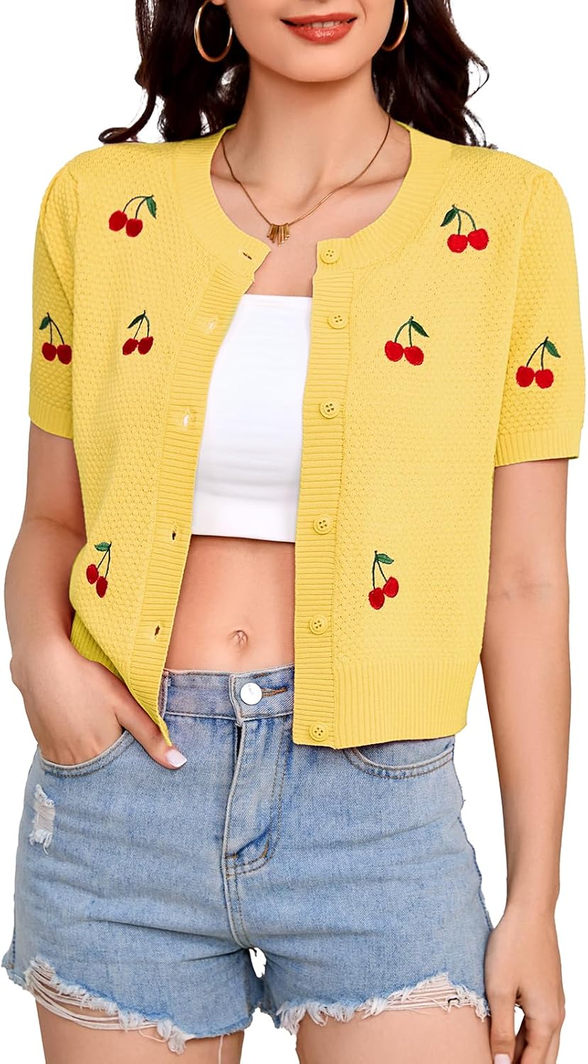 Bbonlinedress Women Cherry Short Sleeve Cardigan Tops Vintage Sweater Shirt