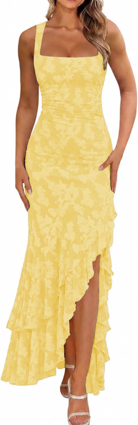 BORIFLORS Women's Elegant Ruched Floral Maxi Wedding Guest Dress