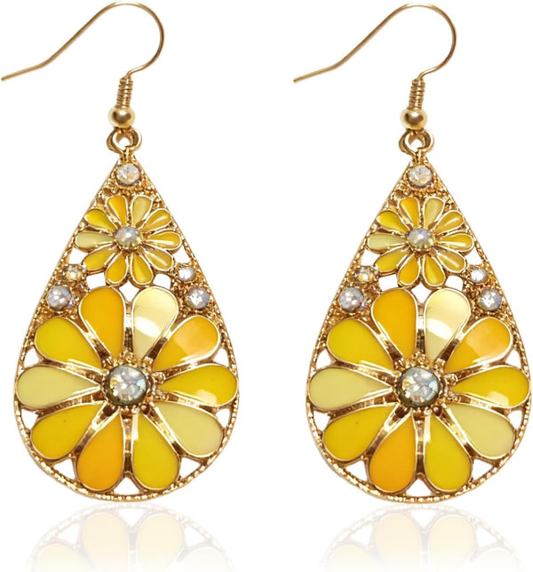 Olive Green Crystal Teardrop Floral Boho Earrings