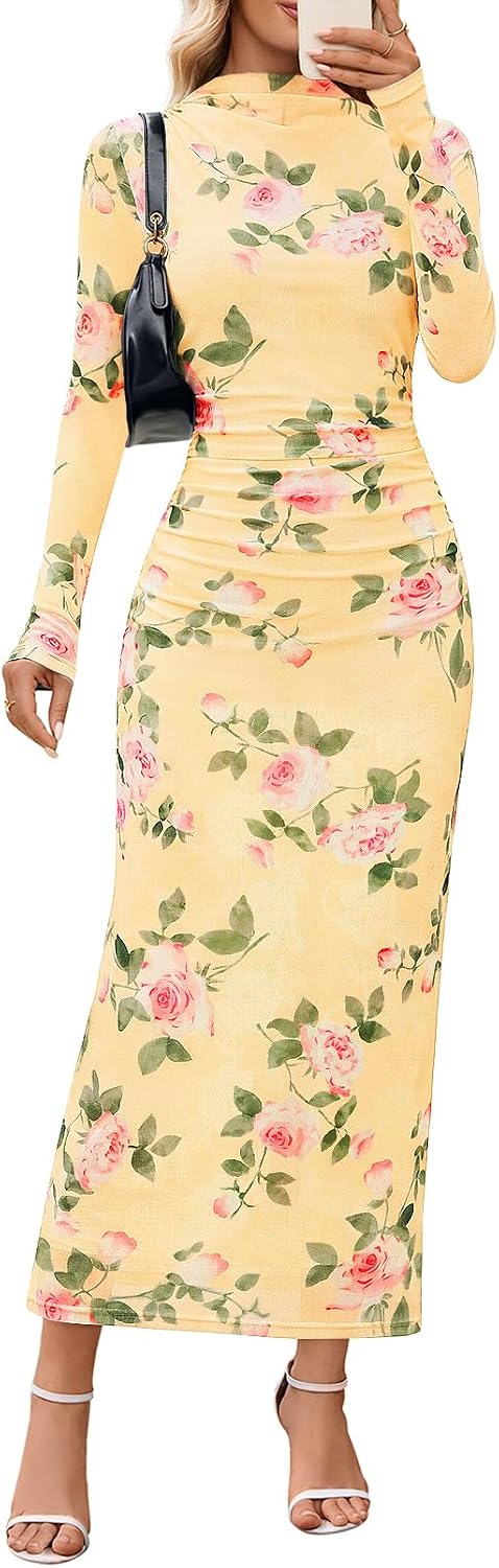 MEROKEETY Womens Fall Long Sleeve Floral Wedding Guest Maxi Dress