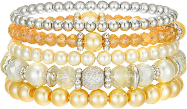 Noessla Beaded Pearl Stretch Bracelet Silver Stackable Crystal Beads Bracelets Trendy Costume Jewelry Mothers Day Gifts for Women