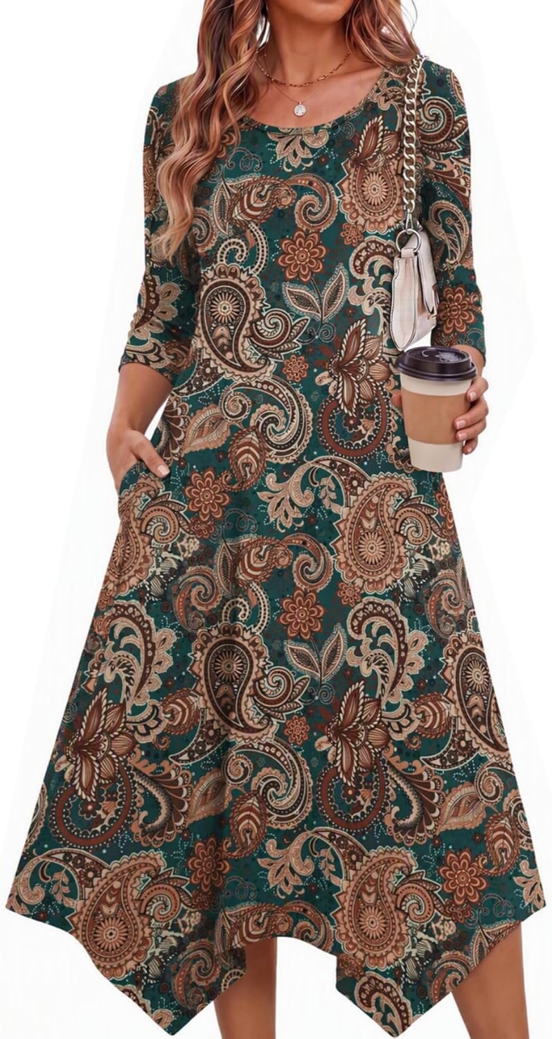 Zeagoo Midi Dresses Women 2026 Dress 3/4 Sleeve A Line Casual Dresses with Pockets