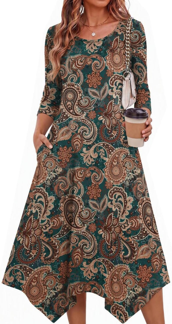 Zeagoo Midi Dresses Women 2026 Dress 3/4 Sleeve A Line Casual Dresses with Pockets