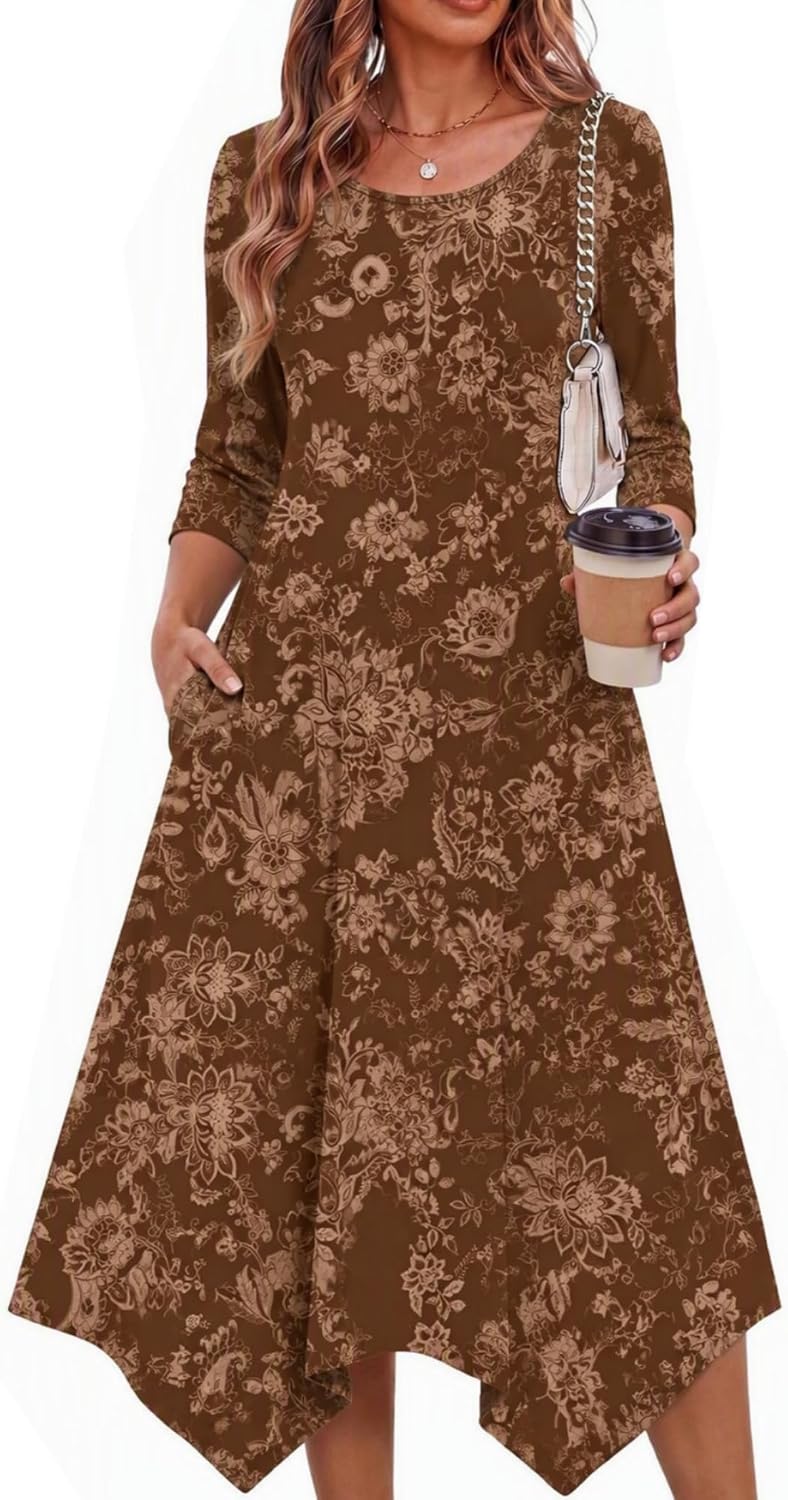 Zeagoo Midi Dresses Women 2026 Dress 3/4 Sleeve A Line Casual Dresses with Pockets