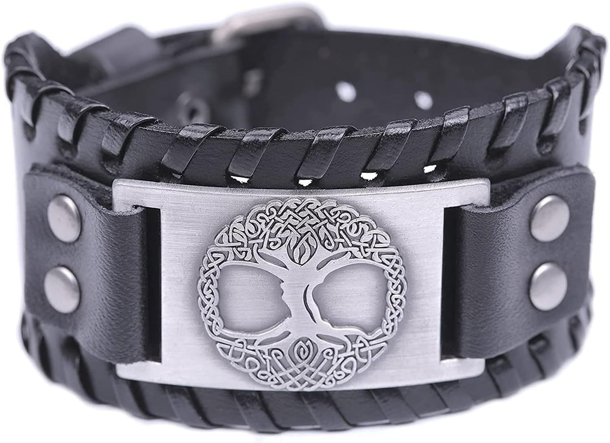 HAQUIL Viking Wiccan Egytian Black Brown Wide Leather Wristband Bracelet Ancient Medieval Jewelry Gift for Men