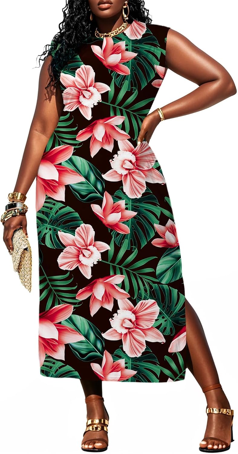 UOUA Women Summer Maxi Dresses Plus Size Casual Hawaiian Sundress Sleeveless Loose Split Beach Dress with Pockets