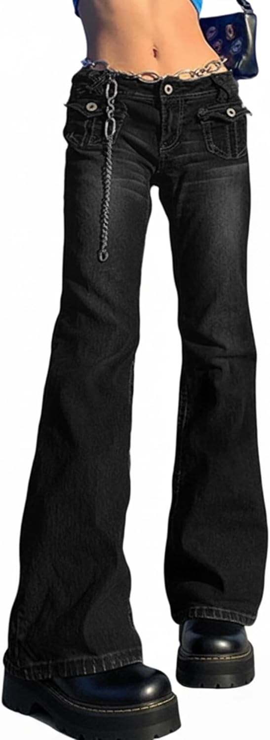Women Bell Bottom Jeans Stretchy Flare Mid Rise Embroidery Vintage