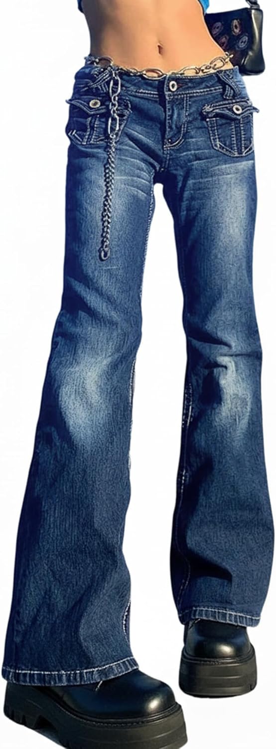 Women Bell Bottom Jeans Stretchy Flare Mid Rise Embroidery Vintage