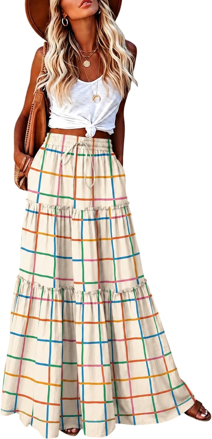 EARKOHA Womens Boho Maxi Skirt 2026 Summer Cruise Casual High Waist Tie Flowy Long Skirt with Pockets For Beach Vacation