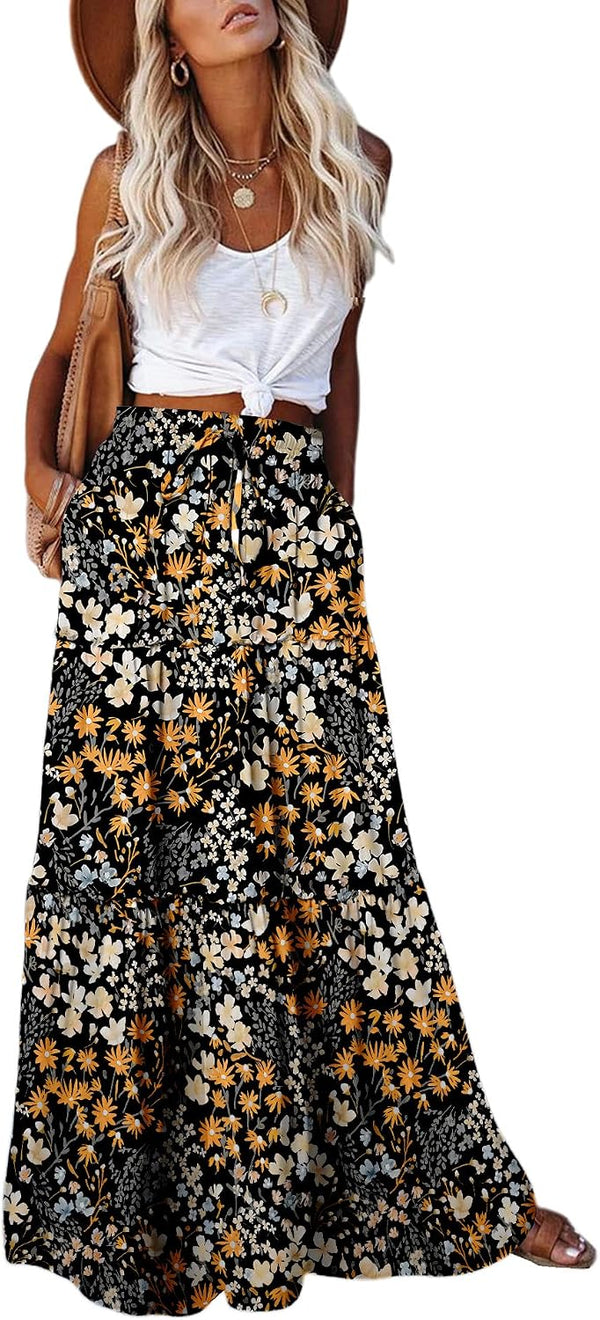 EARKOHA Womens Boho Maxi Skirt 2026 Summer Cruise Casual High Waist Tie Flowy Long Skirt with Pockets For Beach Vacation