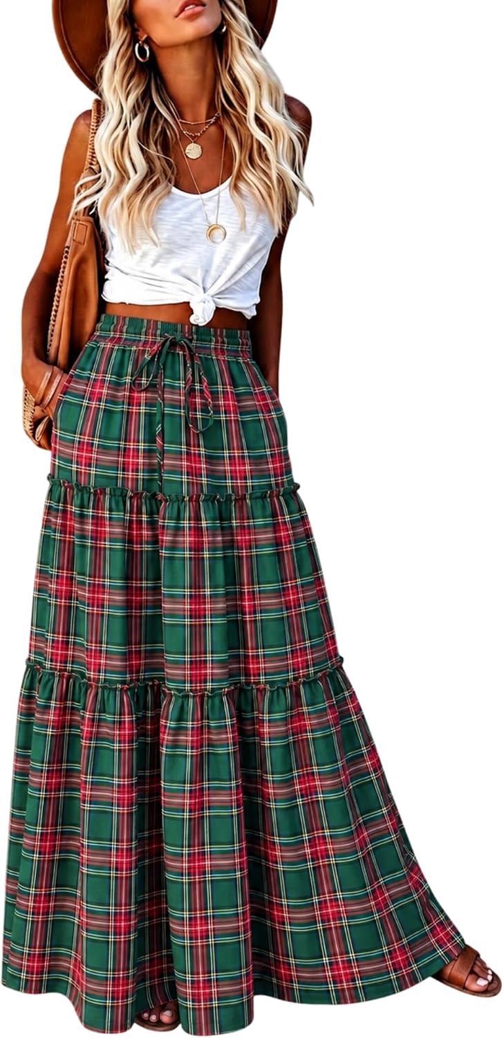EARKOHA Womens Boho Maxi Skirt 2026 Summer Cruise Casual High Waist Tie Flowy Long Skirt with Pockets For Beach Vacation