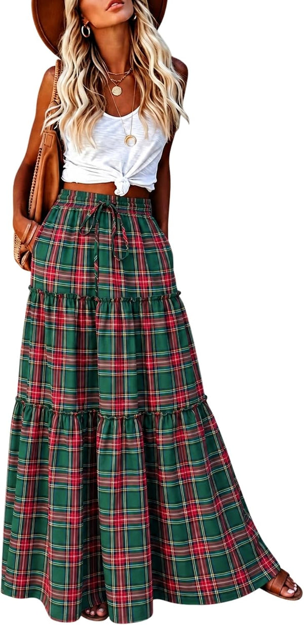 EARKOHA Womens Boho Maxi Skirt 2026 Summer Cruise Casual High Waist Tie Flowy Long Skirt with Pockets For Beach Vacation