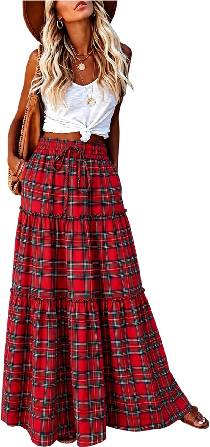 EARKOHA Womens Boho Maxi Skirt 2026 Summer Cruise Casual High Waist Tie Flowy Long Skirt with Pockets For Beach Vacation