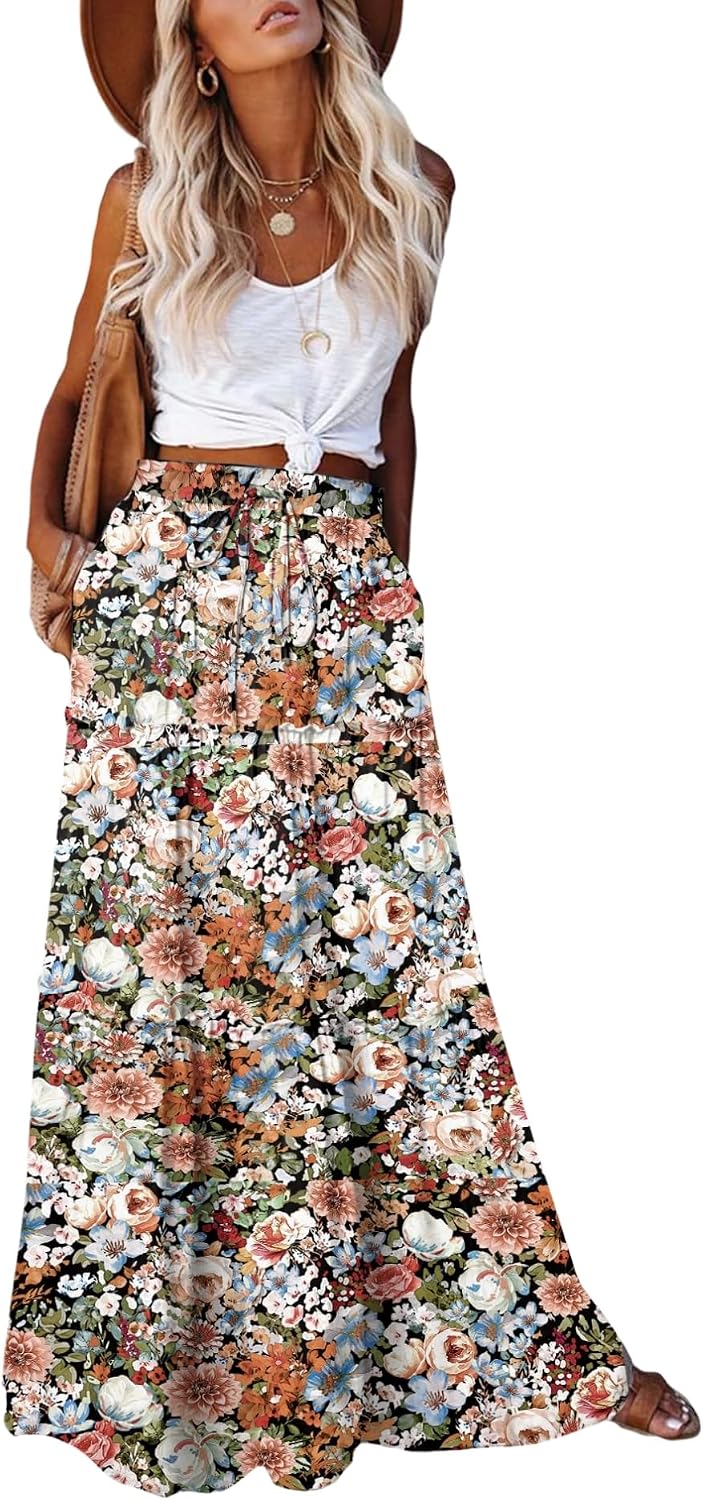 EARKOHA Womens Boho Maxi Skirt 2026 Summer Cruise Casual High Waist Tie Flowy Long Skirt with Pockets For Beach Vacation