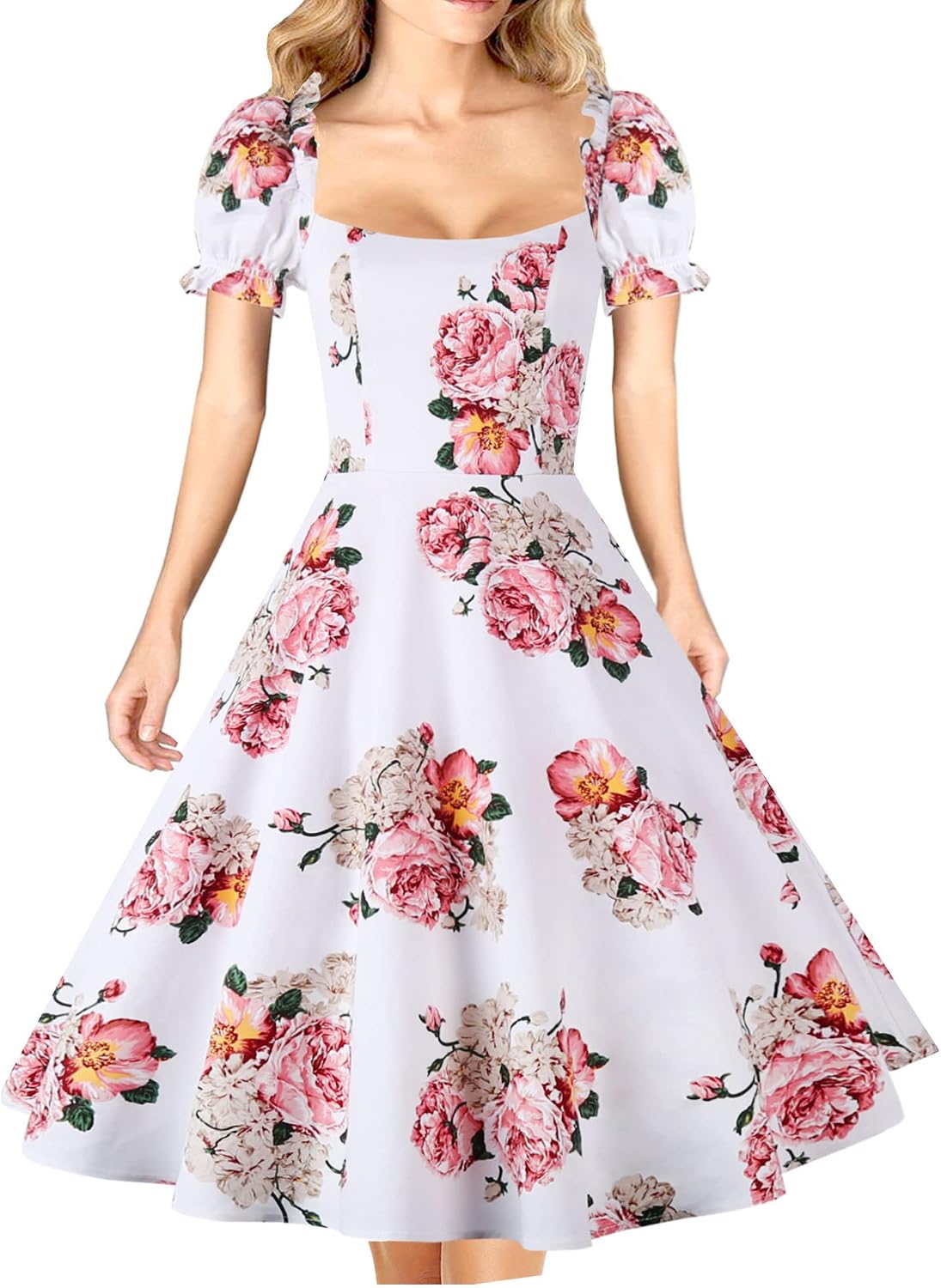 Women's Puff Short Sleeve 1950s Party Dresses Square Neck Aline Dress with Pockets