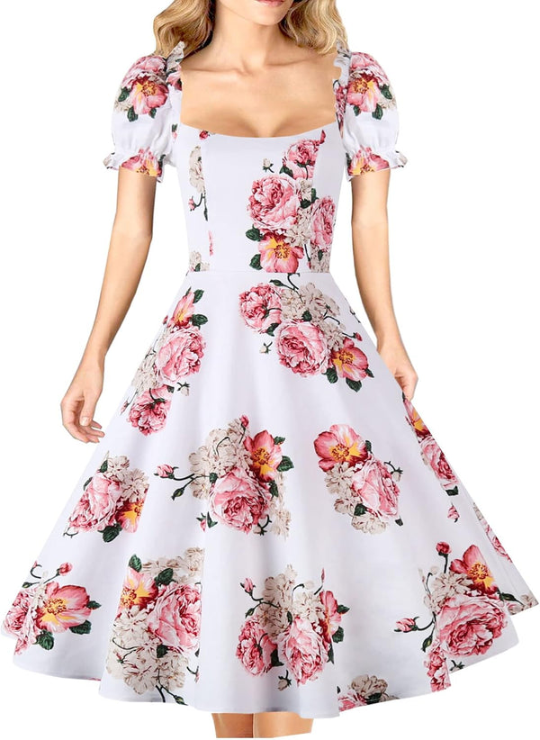 Women's Puff Short Sleeve 1950s Party Dresses Square Neck Aline Dress with Pockets