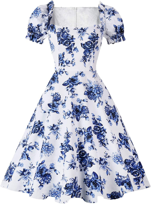 Women's Puff Short Sleeve 1950s Party Dresses Square Neck Aline Dress with Pockets