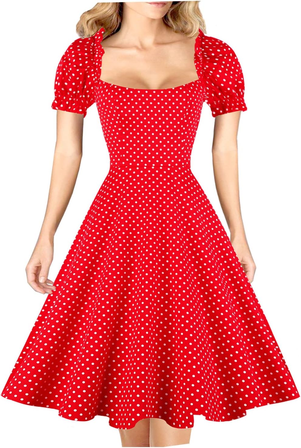 Women's Puff Short Sleeve 1950s Party Dresses Square Neck Aline Dress with Pockets