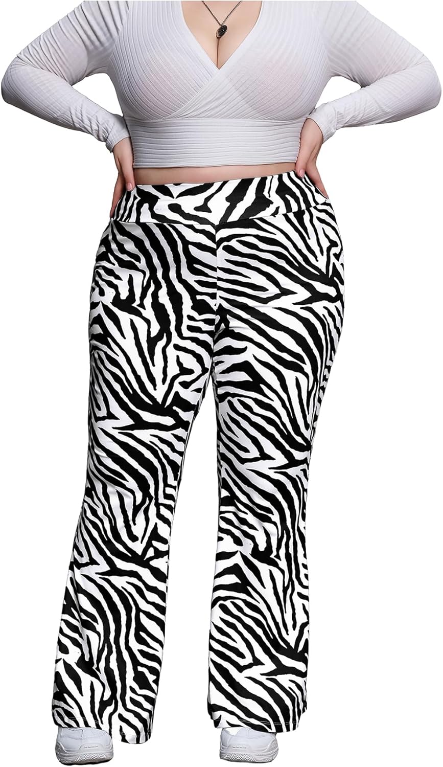 Wdirara Women's Plus Size Elastic High Waist Flare Bell Bottom Ribbed
