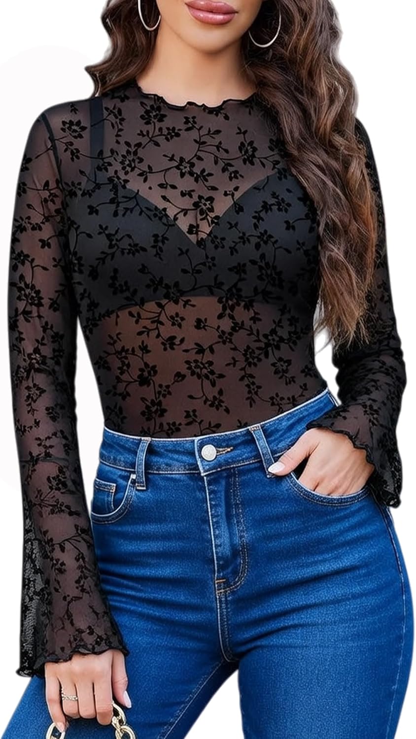 Mesh Tops for Women Long Bell Sleeve Blouses Going Out Shirt Sexy Outfits