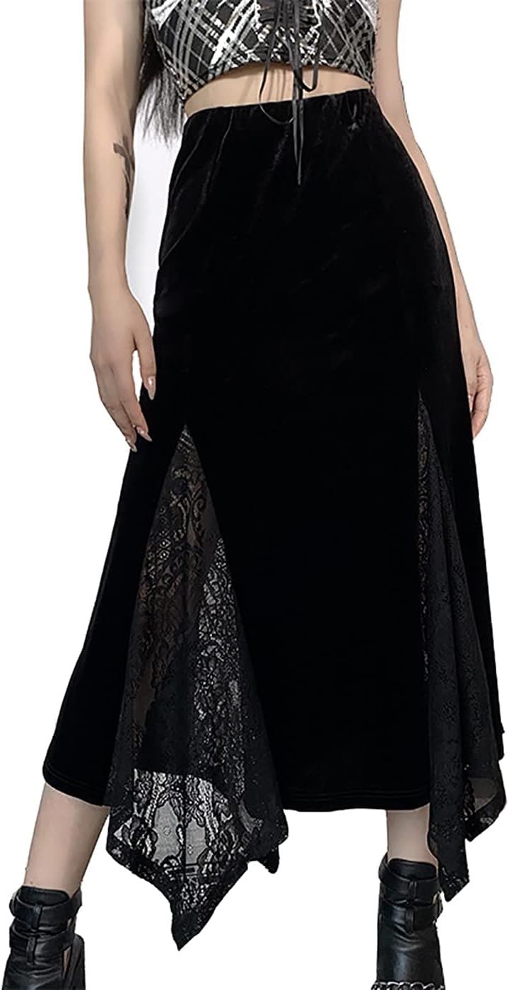 TSMNZMU Women Gothic Long Skirts Vintage Dark Lace Patchwork Skirts Grunge Harajuku Fairy Skirt Emo Alt Clothes