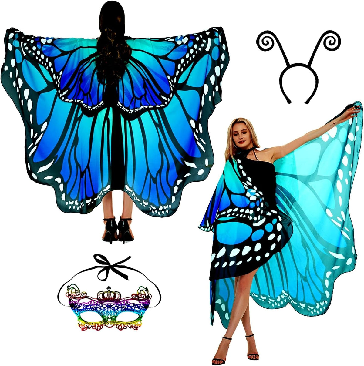 Sunlisky Adult Butterfly Costume Women Monarch Butterfly Wings Cape Shawl Halloween 3Pcs Mask Headband